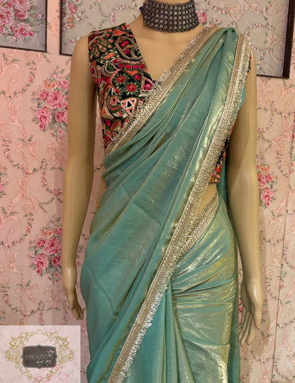 Pastel Green Shimmer Banno Saree