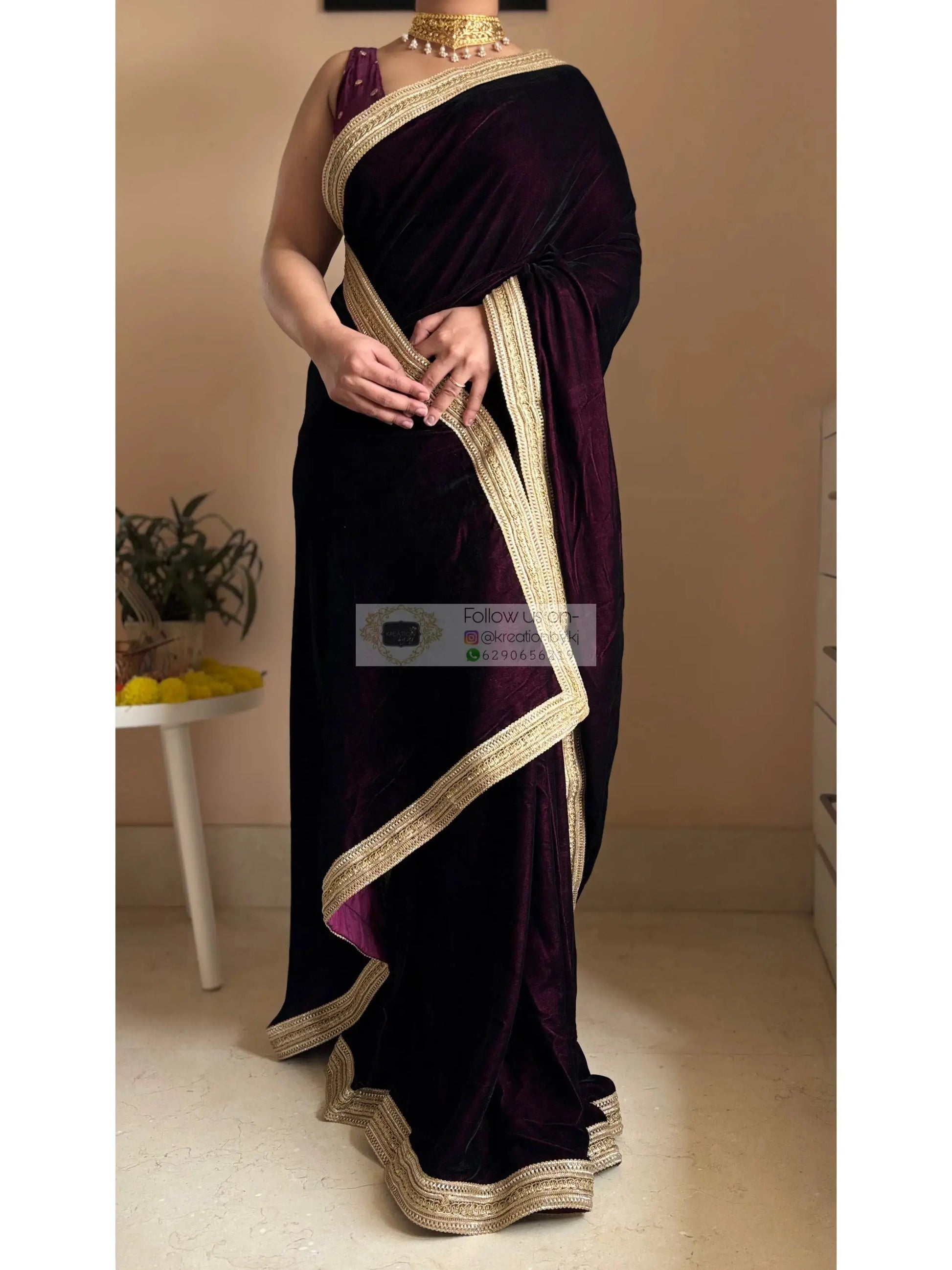 Dark Wine Velvet Saree with Golden Border kreationbykj