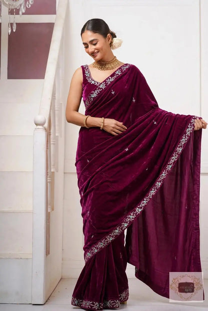 Purple Wine Velvet Chandani Saree with Cutdana Work Kreation by KJ