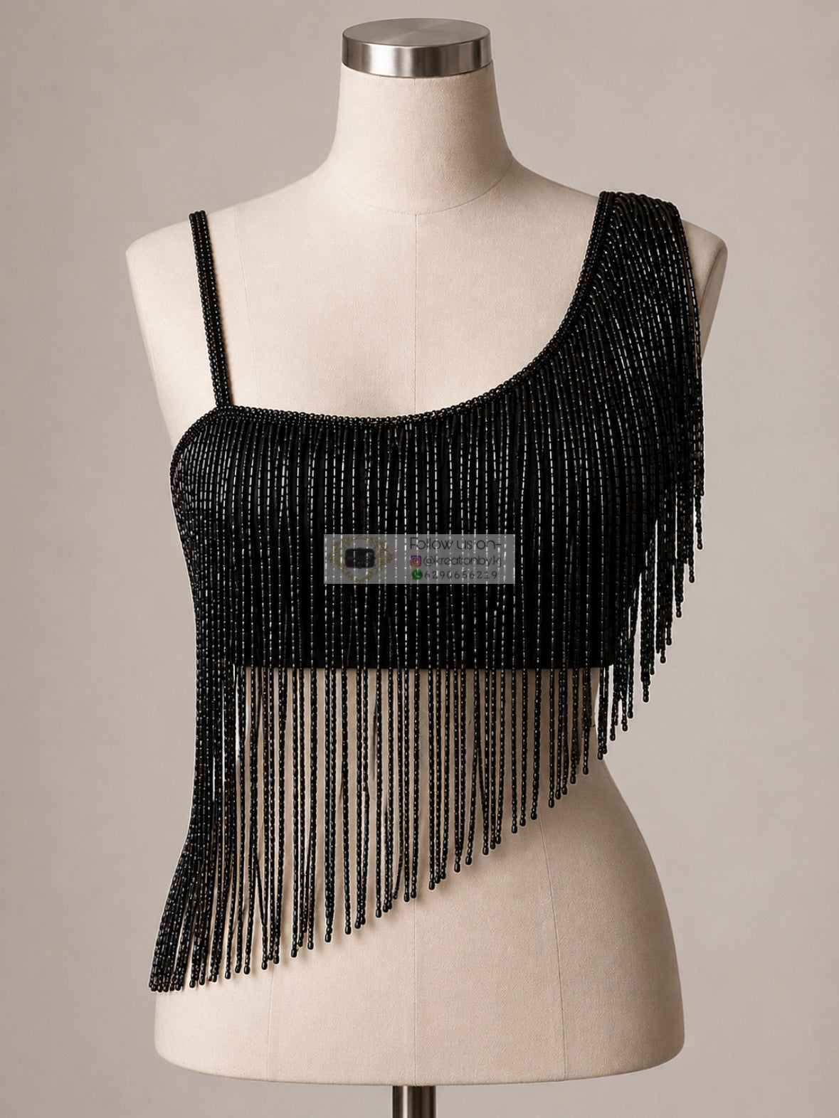 Black One-Shoulder Cutdana Fringe Blouse