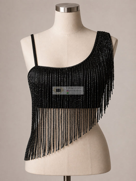 Black One-Shoulder Cutdana Fringe Blouse