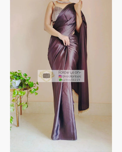 Coffee Brown Satin Silk One Minute Saree kreationbykj.in