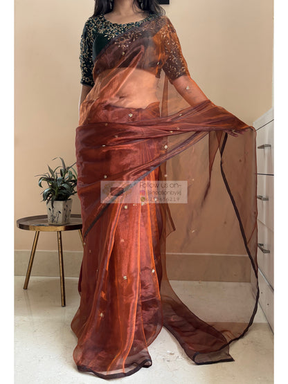 Copper Brown Glass Tissue Cocktail Saree