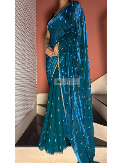 Peacock Blue Embellished Saree