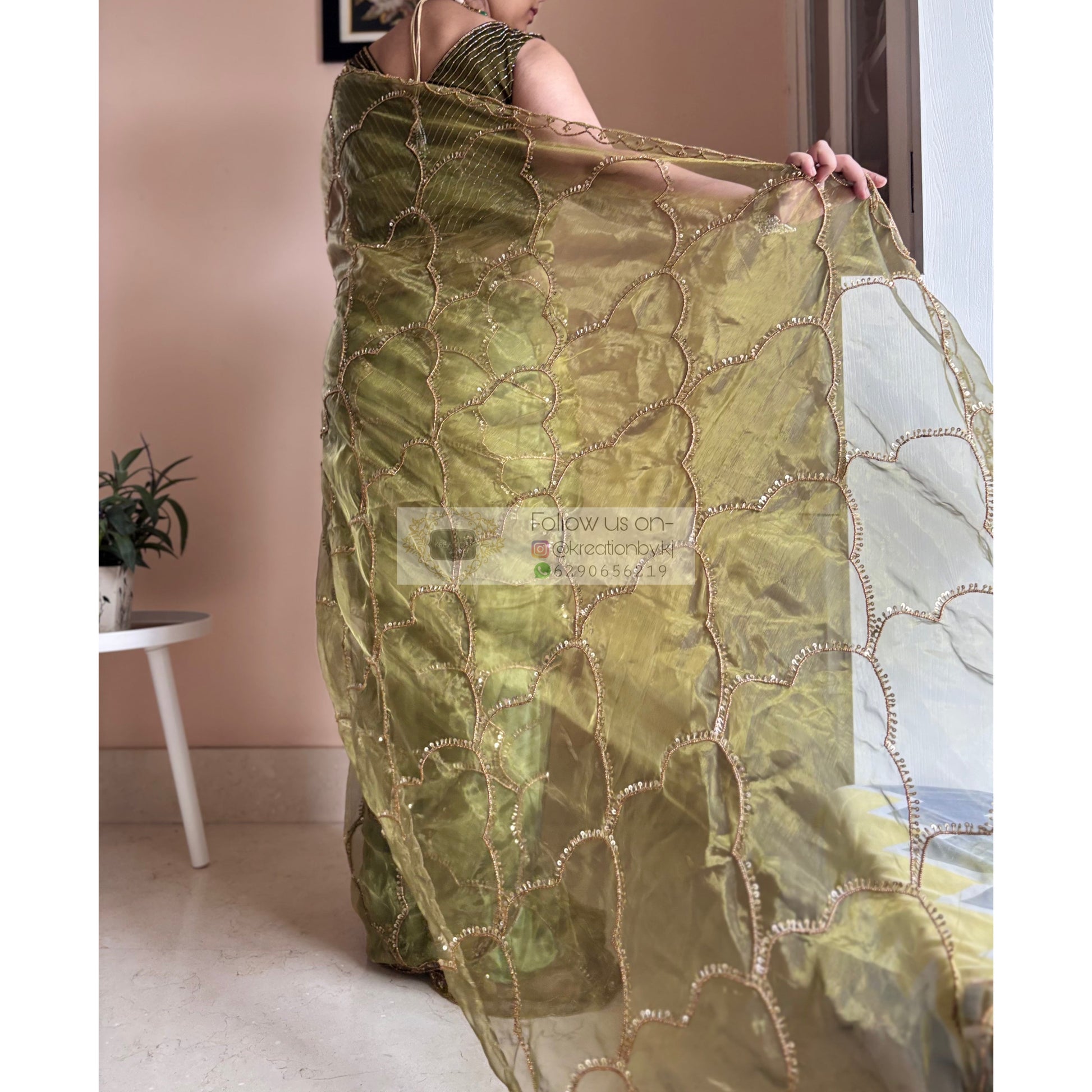 Military Green Chaudhvin ka Chand Saree for Wedding Kreation by KJ