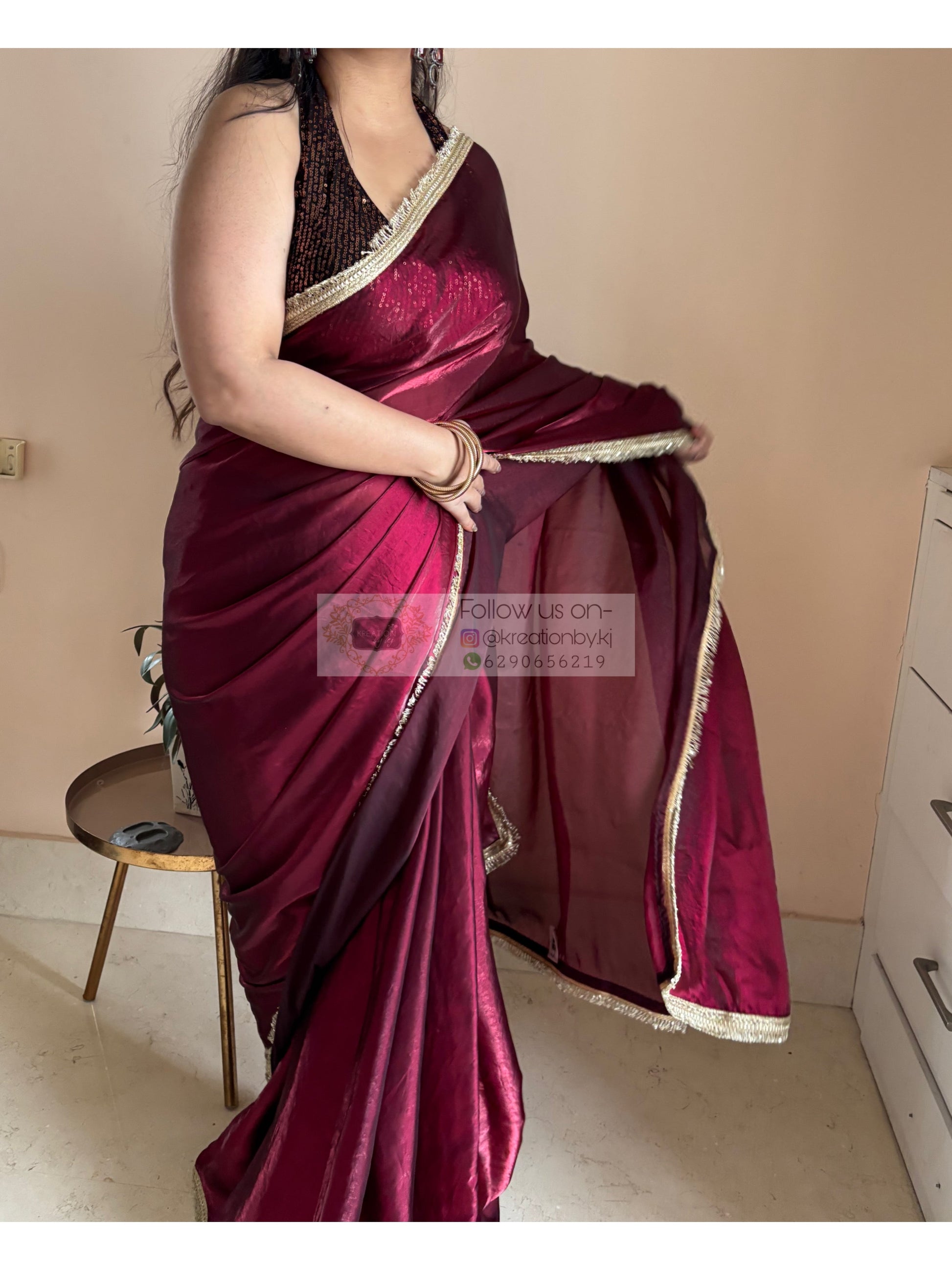 Cheery Wine Metallic Shimmer satin Banno Saree kreationbykj