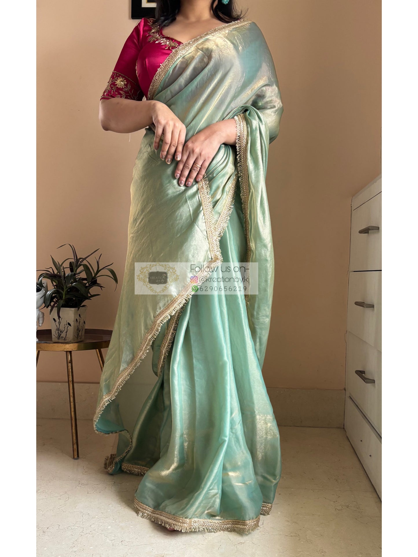 Pastel Green Metallic Shimmer Banno Saree kreationbykj