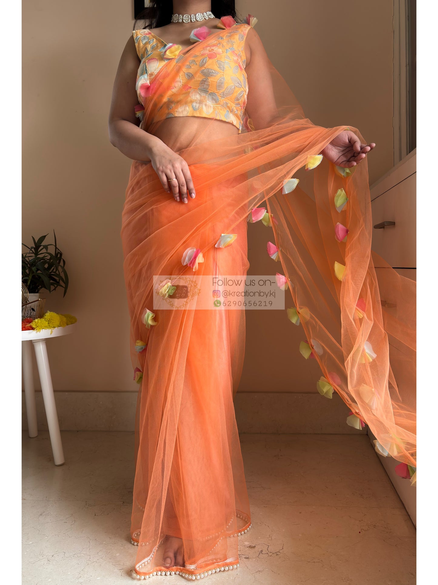 My Sassy Girl Orange Net Saree
