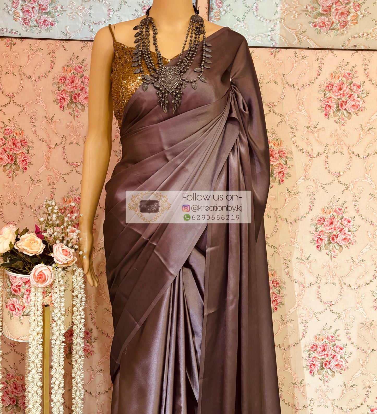 Purple Mauve Satin Silk Saree with Handmade Tassels on Pallu