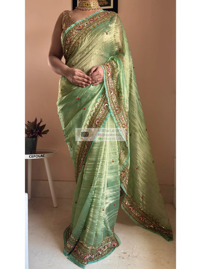 Green Tissue Saree with Hand embroidered Border Kreation by KJ