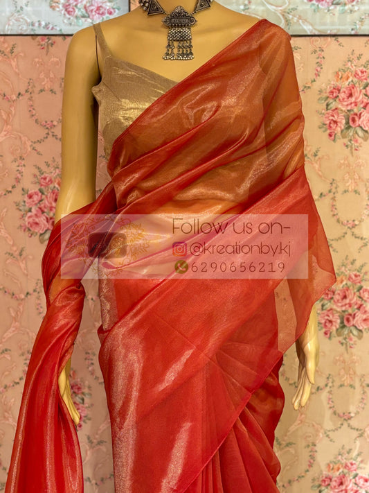 Orange Tissue Net Saree