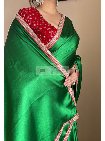 Green Satin Silk Saree with Red Border - kreationbykj