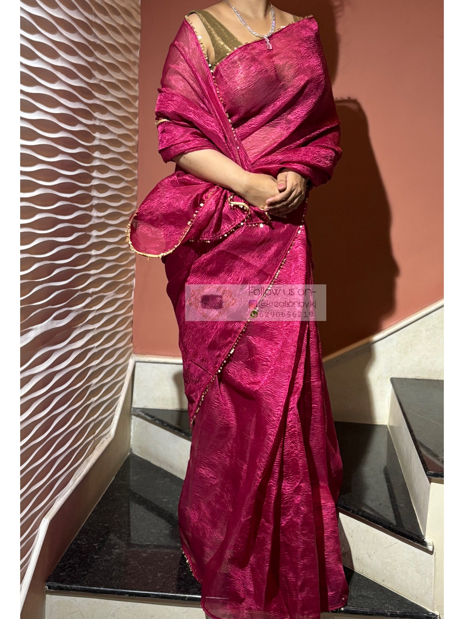 Magenta Pink Crushed Tissue Saree kreationbykj