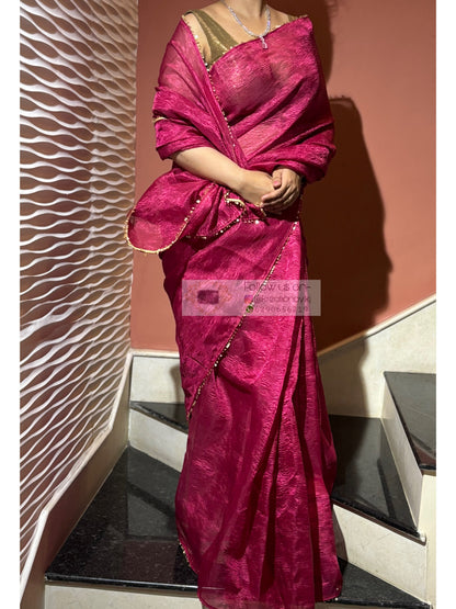 Magenta Pink Crushed Tissue Saree kreationbykj