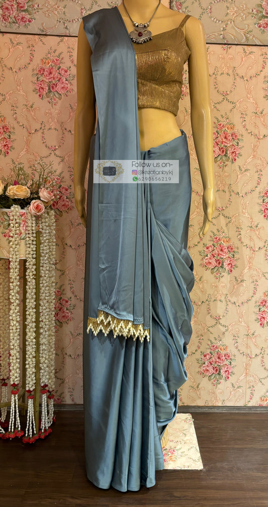 Slate Grey Satin Silk Saree with Handmade Tassels on Pallu