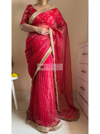 Red Noorani Banno Organza Saree Kreation by KJ