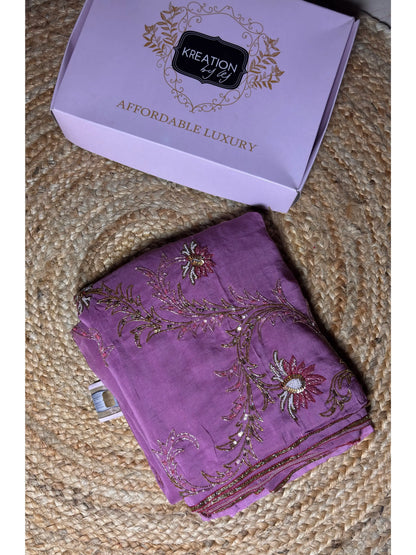Mauve Diva Pure Organza Silk Saree with Handembroidery kreationbykj
