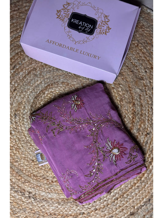 Mauve Diva Pure Organza Silk Saree with Handembroidery kreationbykj