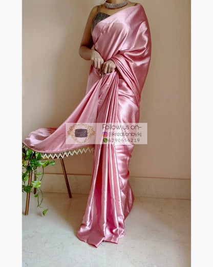 Old Rose Satin Silk Saree With Handmade Tassels On Pallu