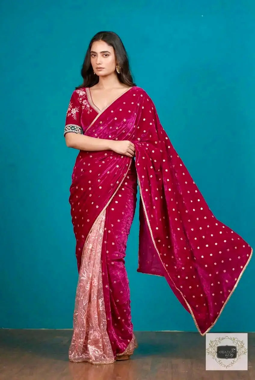Half Magenta Pink Velvet And Net Embellished Saree Kreation by KJ