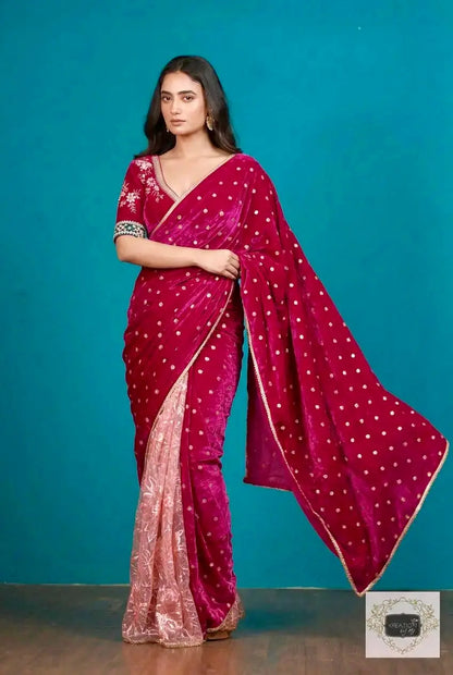 Half Magenta Pink Velvet And Net Embellished Saree Kreation by KJ