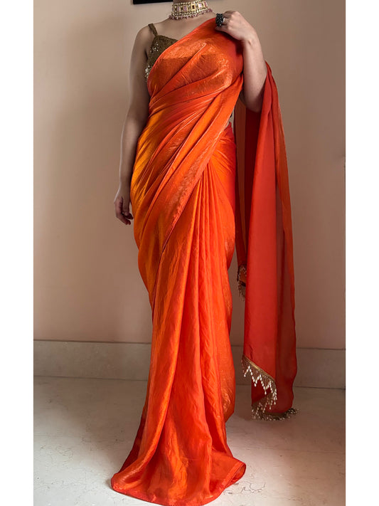 Fanta Orange Metallic Satin Saree