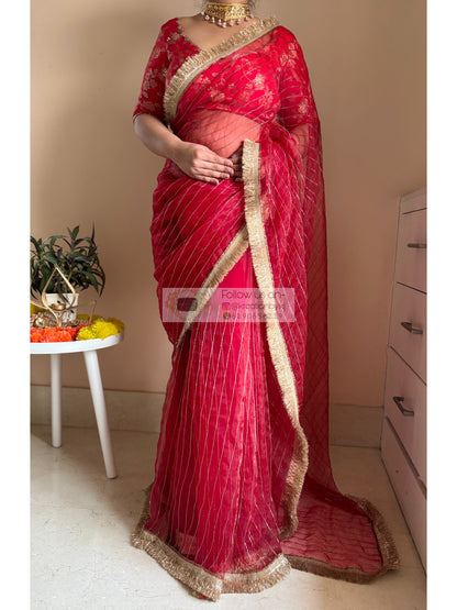 Red Noorani Banno Organza Saree Kreation by KJ