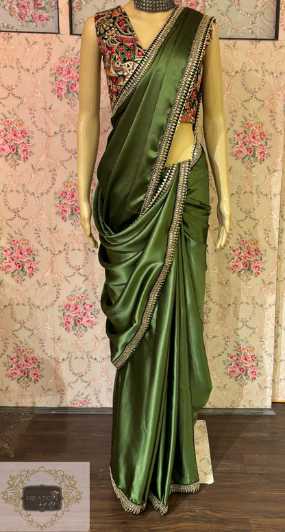 Olive Green Satin Silk Saree with Black Border