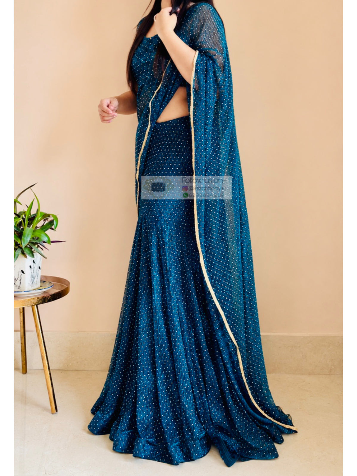 Blue Pleated Net Drape Lehenga Saree
