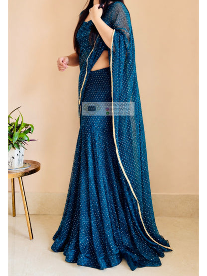 Blue Pleated Net Drape Lehenga Saree