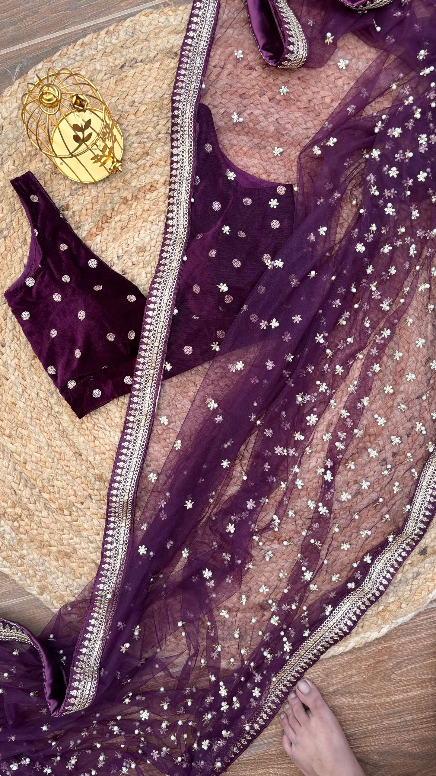 Wine Embellished Net Saree Kreation by KJ