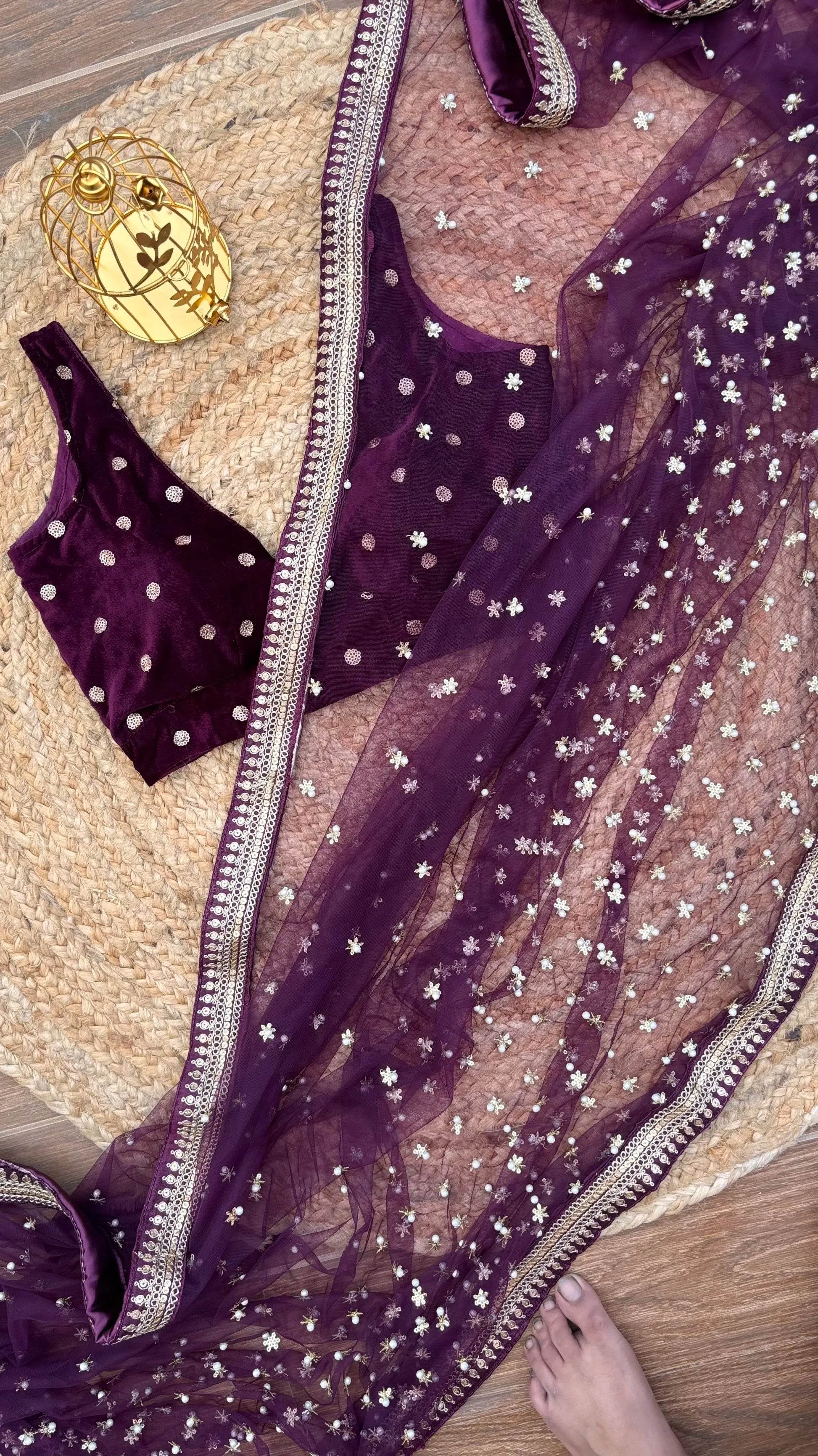 Wine Embellished Net Saree Kreation by KJ