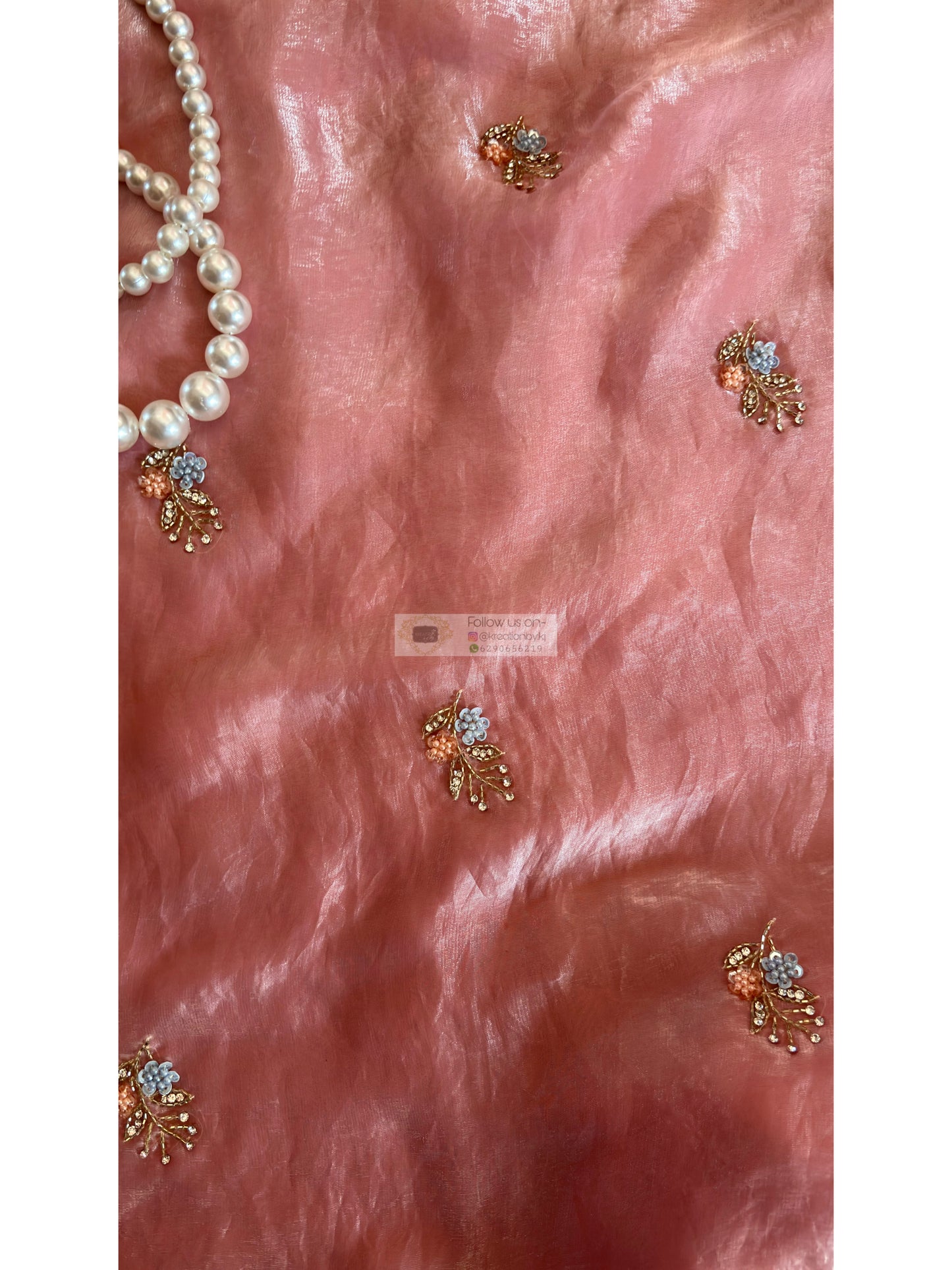 Blush Pink Shimmer Satin Saree with Floral Motifs