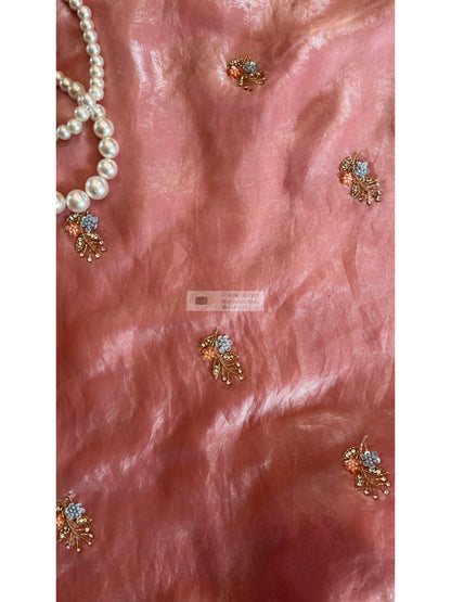 Blush Pink Shimmer Satin Saree with Floral Motifs