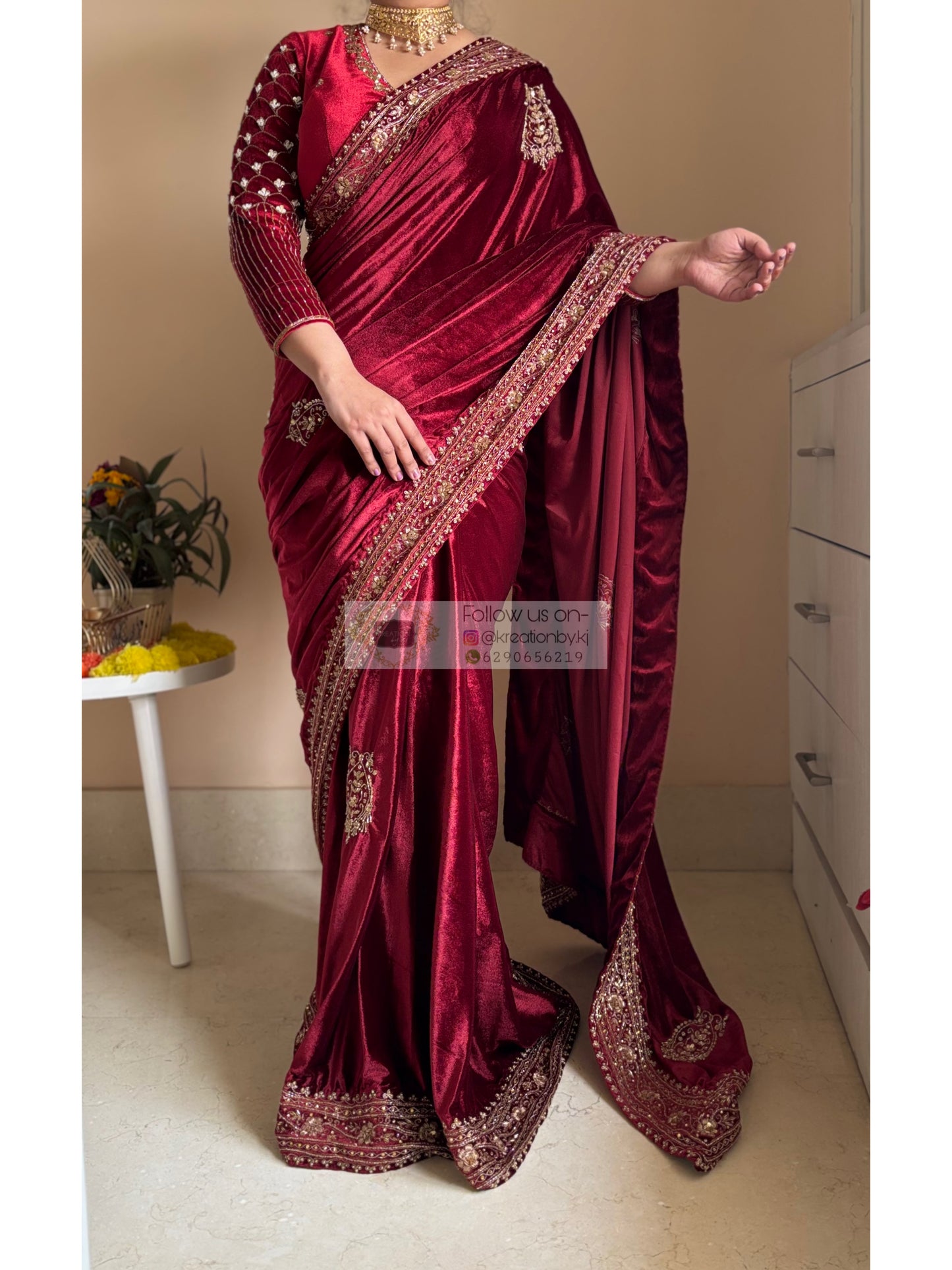 Naaz Burgundy Velvet Saree