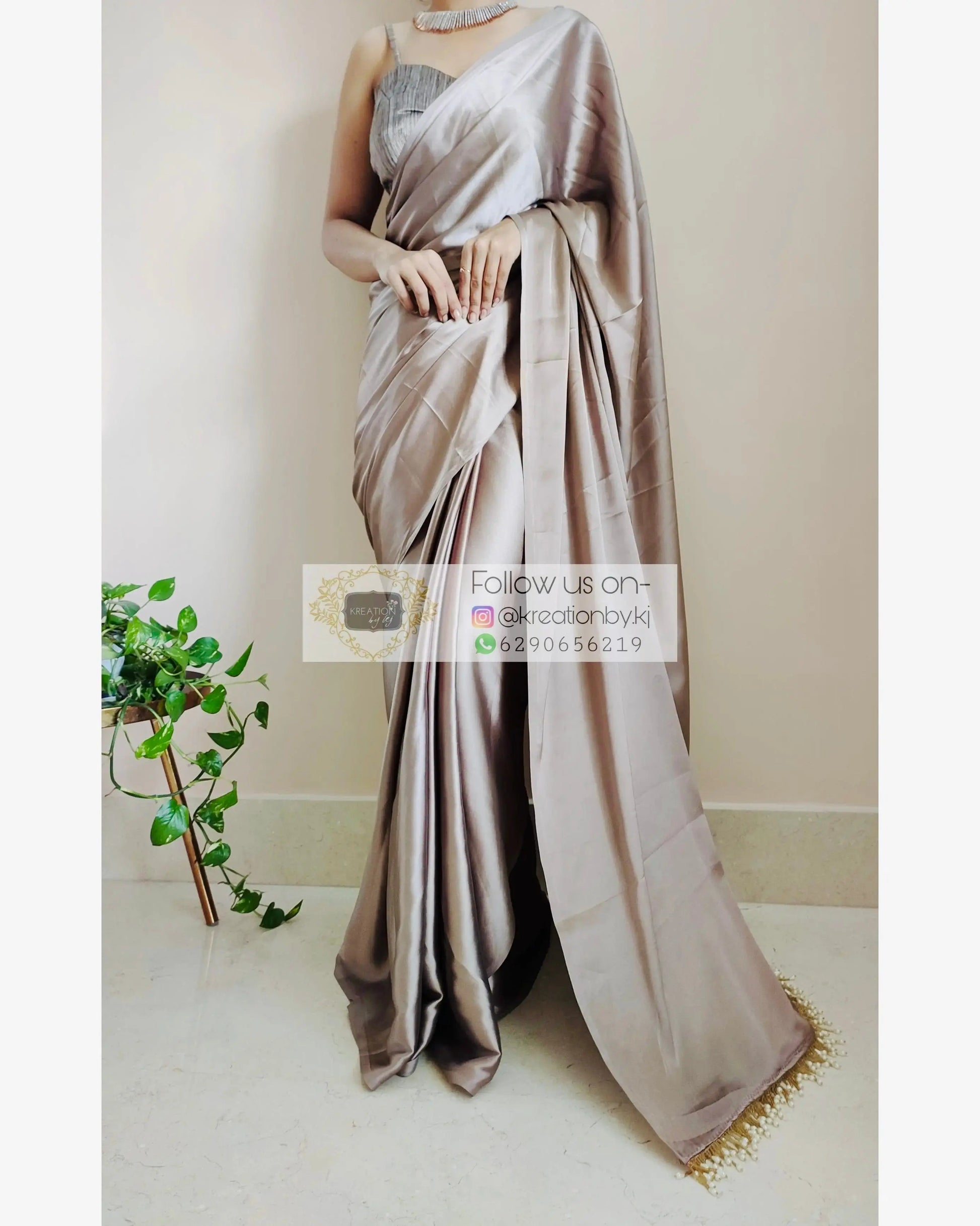 Mink Satin Silk Saree With Handmade Tassels On Pallu kreationbykj.in
