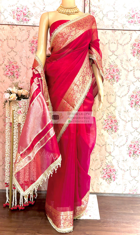 Cherry Red Tissue Banarasi Saree