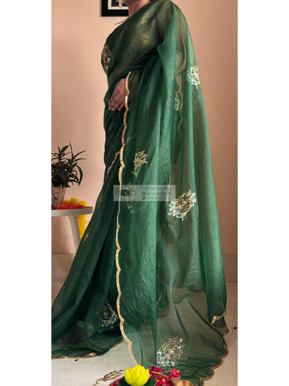 Scent of Yesterday Bottle Green Organza Saree Kreation by KJ
