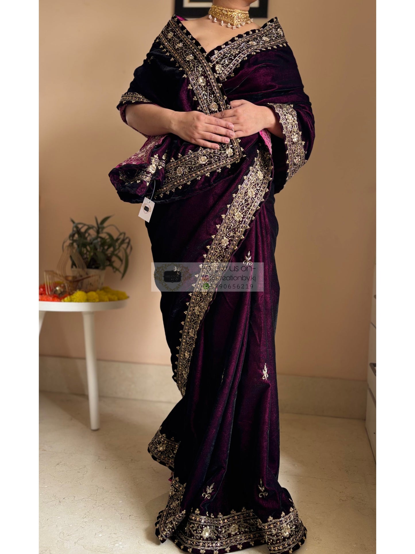 Dark Wine Velvet Zarina Saree Kreation by KJ