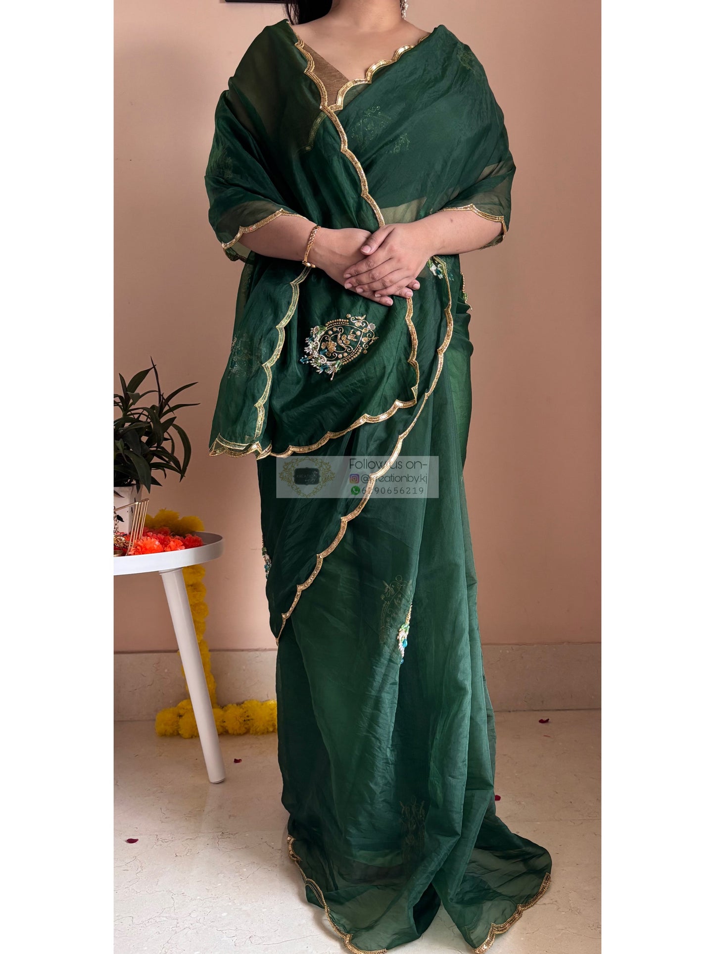 Scent of Yesterday Bottle Green Organza Saree Kreation by KJ