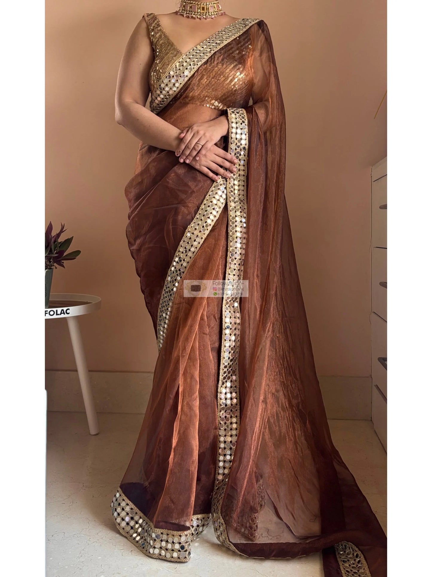 Copper Brown Glass Tissue Saree With Real Cut Mirror Border Kreation by KJ