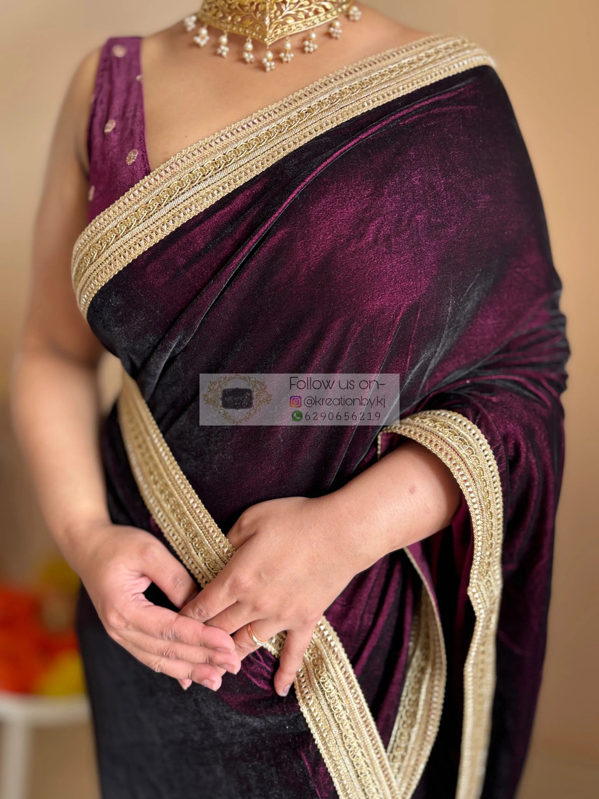 Dark Wine Velvet Saree with Golden Border kreationbykj