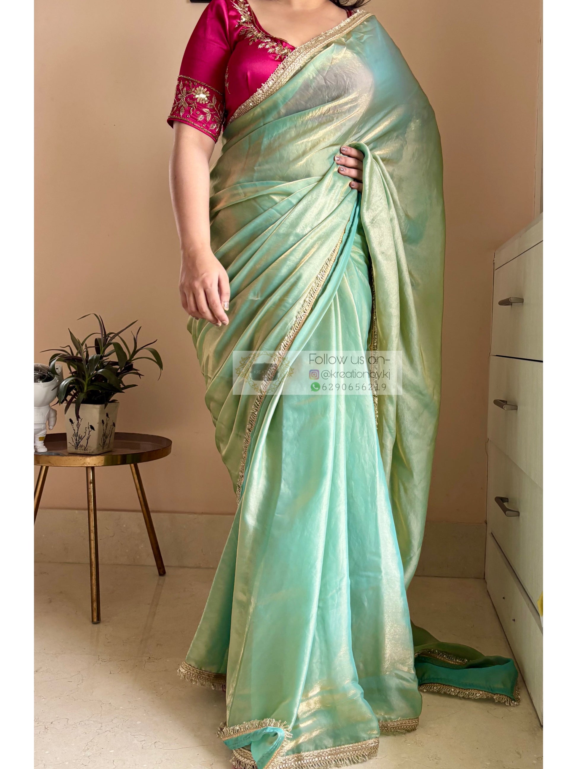Pastel Green Metallic Shimmer Banno Saree kreationbykj