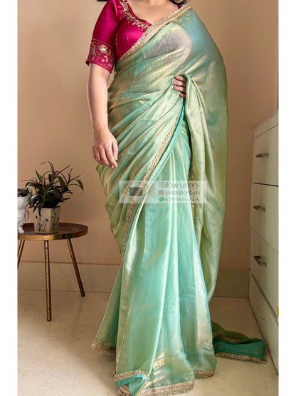 Pastel Green Metallic Shimmer Banno Saree kreationbykj