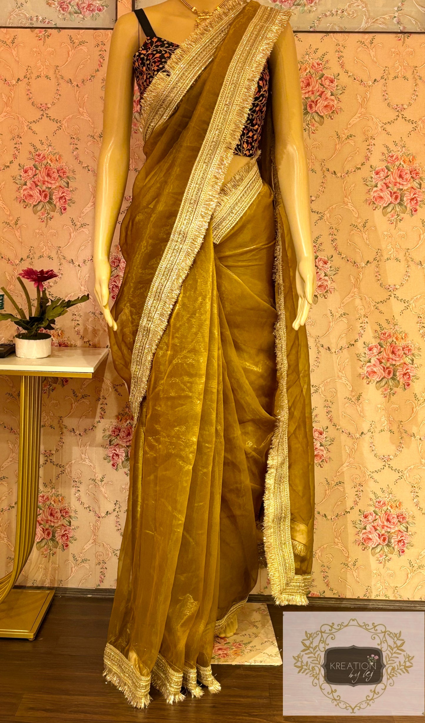 Amber Gold Glass Tissue Banno Saree