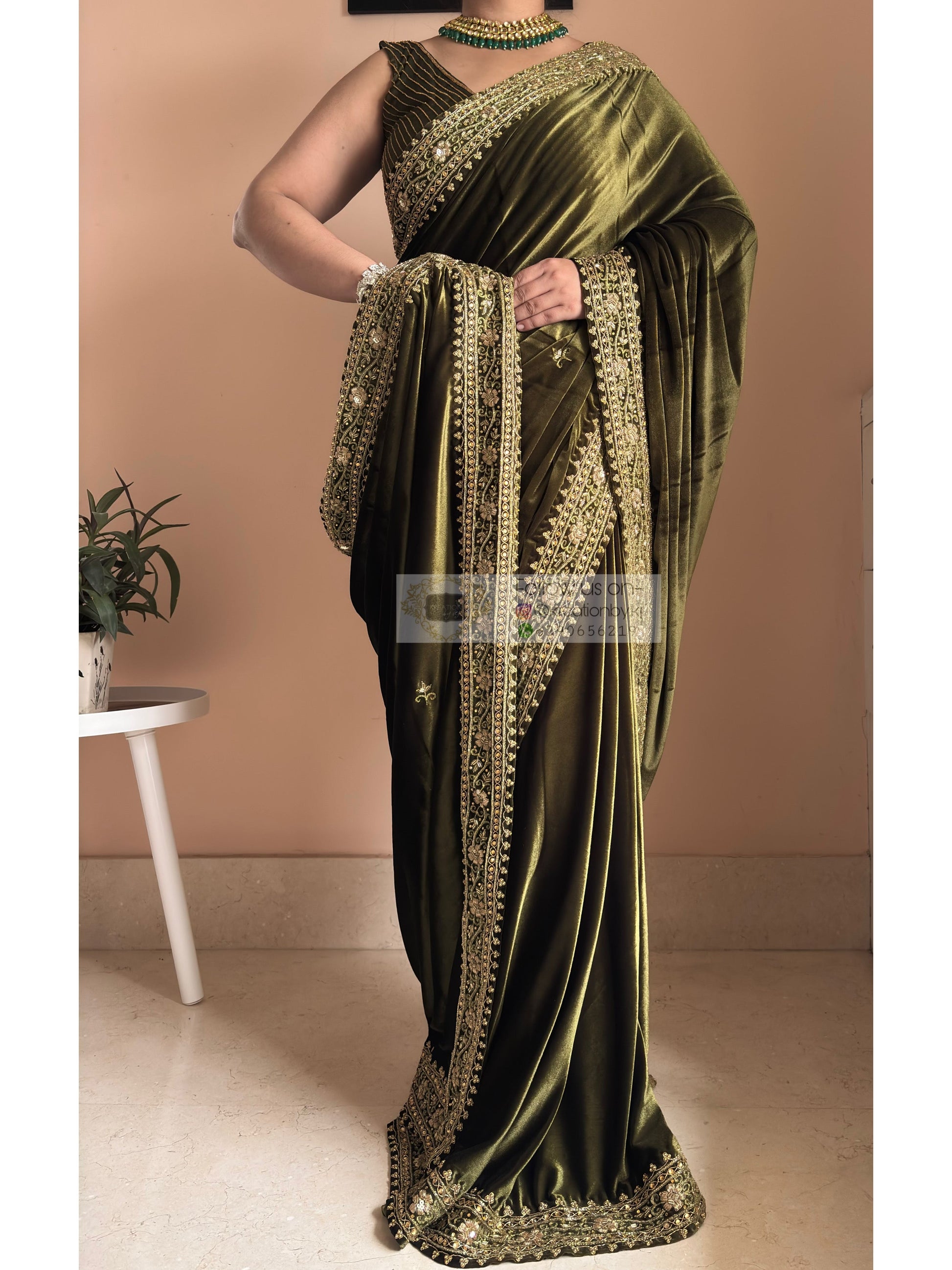 Mehendi  Green Velvet Zarina Saree for Wedding Kreation by KJ
