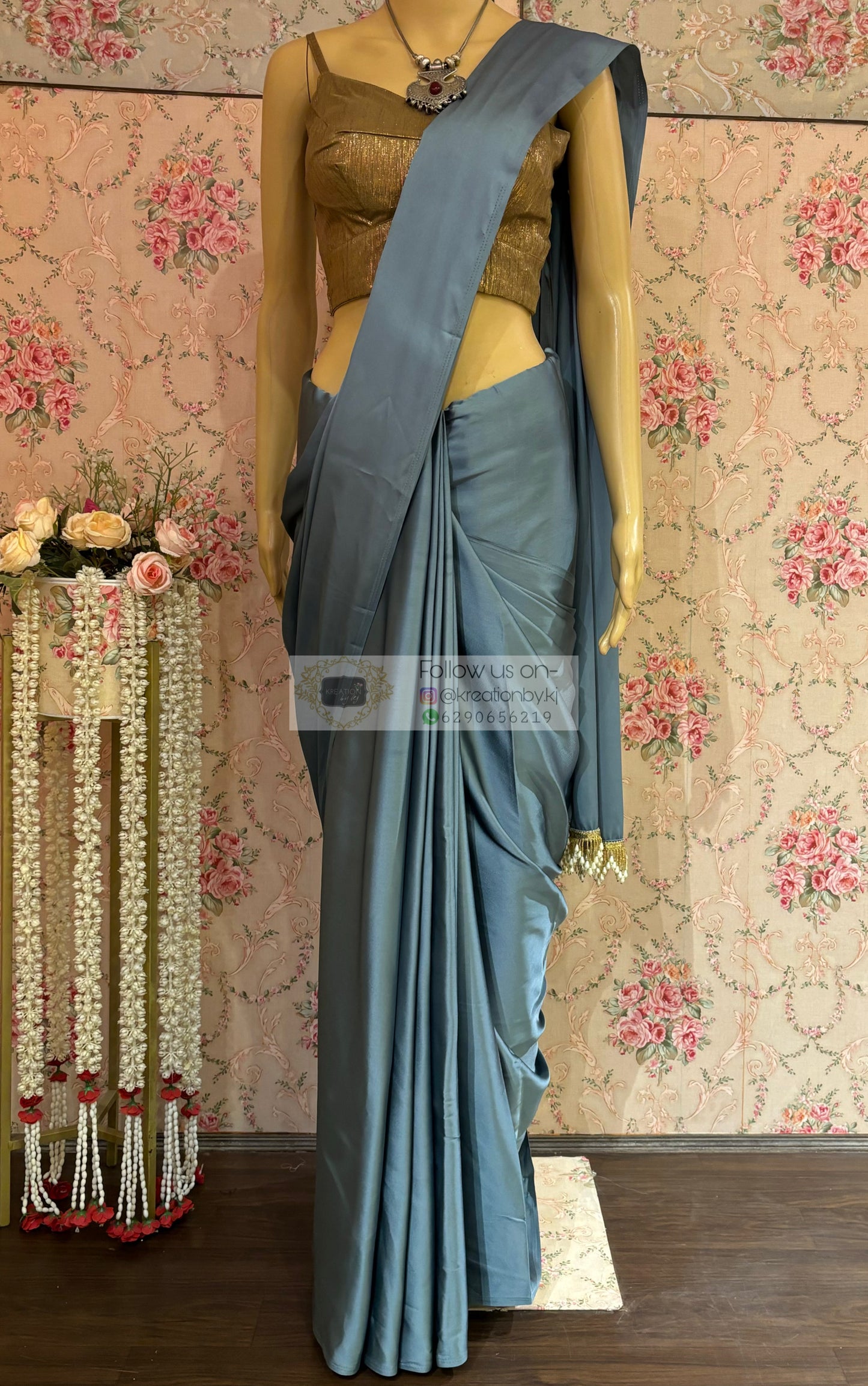 Slate Grey Satin Silk Saree with Handmade Tassels on Pallu