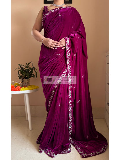 wine velvet receiption saree