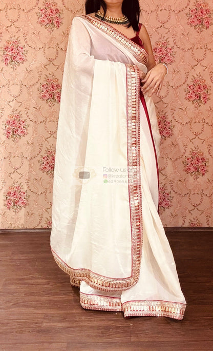 Cream Metallic Shimmer Satin with Red Border-agomoni kreationbykj