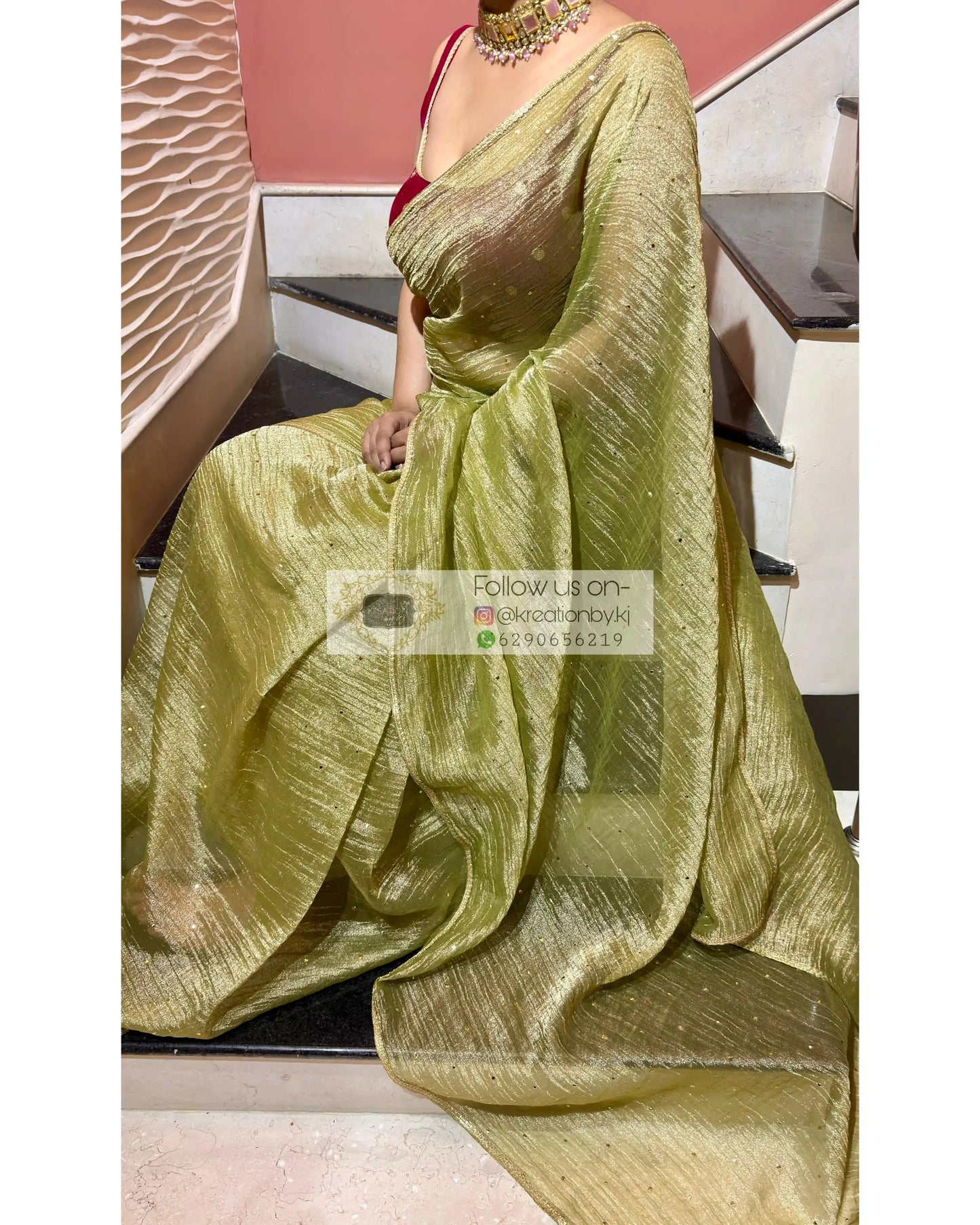 Mint Green Crushed Tissue Saree with Mukaish Work Kreation by KJ